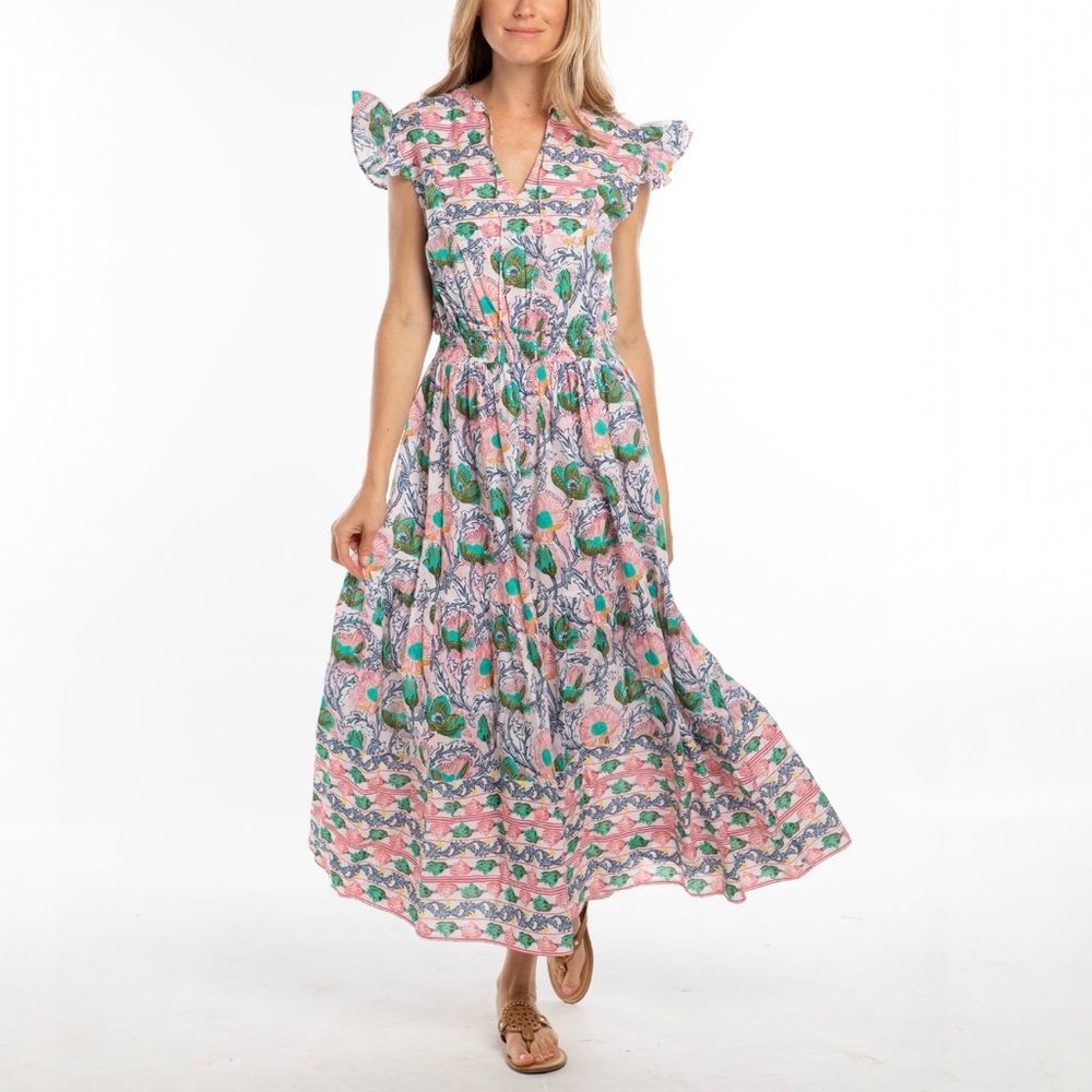 NWT Bindu Anika Dress Pink Multi Floral Ruffle Sleeve Maxi Boho Resort Sz Small